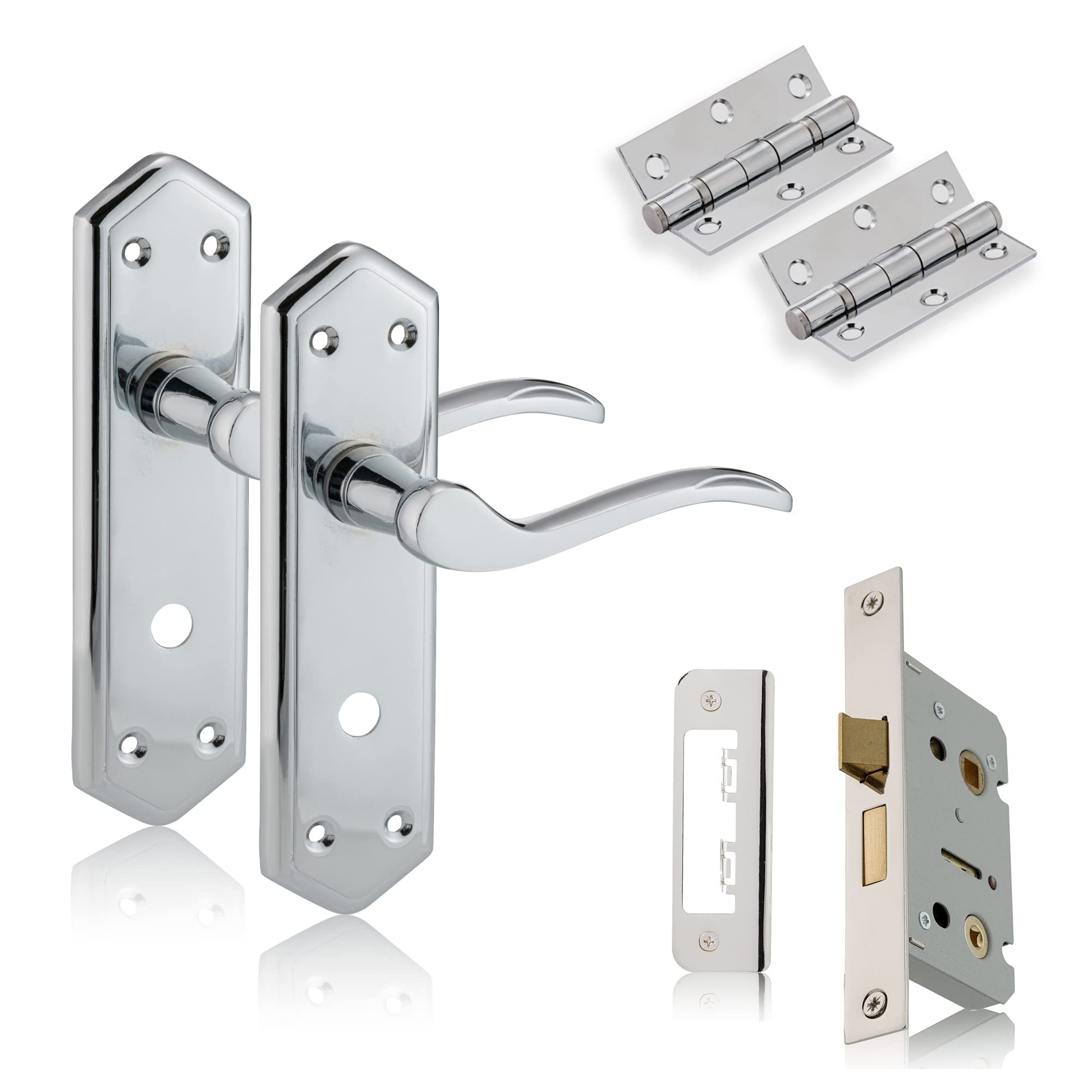 XFORT Chrome Elegance Range Polished Chrome London Suite Pack, Complete Set with Bathroom Handles, 65mm Mortice Lock and 75mm Ball Bearing Hinges, for Internal Wooden Doors