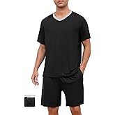 YOPUGEE Mens Pajama Set Short Sleeve Sleepwear Summer Lightweight Pjs Set 2 Piece Comfy V-Neck Nightwear With Pockets S-3XL