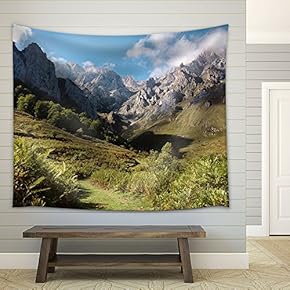 Mountain Valley with Trees and Grass - Fabric Wall Tapestry Home Decor - 51x60 inches