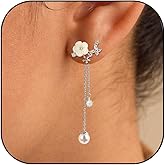 Pearl Flower Dangle Earrings for Women Long Gold Chain Drop Earrings Dainty Flower Wedding Earrings for Brides Statement Sparkly Jewelry