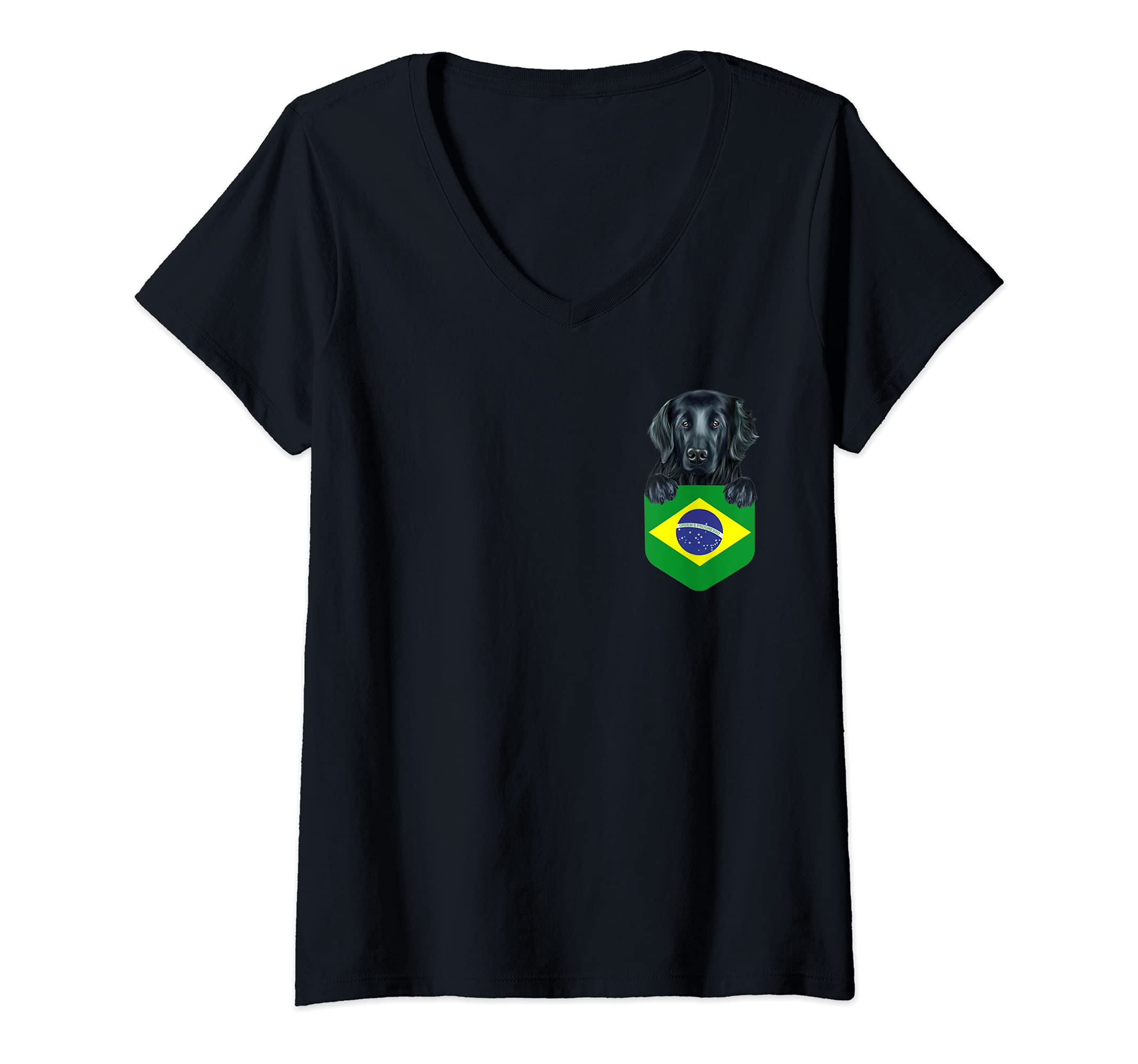 Womens Brazil Flag Flat-Coated Retriever Dog In Pocket V-Neck T-Shirt