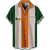 Gwnnb Mens St Patricks Day Shirt Shamrock Printed Retro Bowling Short Sleeve Casual Button Down Holiday Shirts