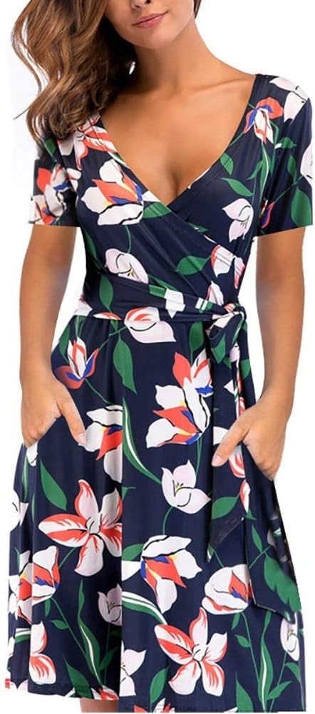 Womens Floral Wrap Dress V Neck Short Sleeve Flared Midi Dresses with Belt Pockets