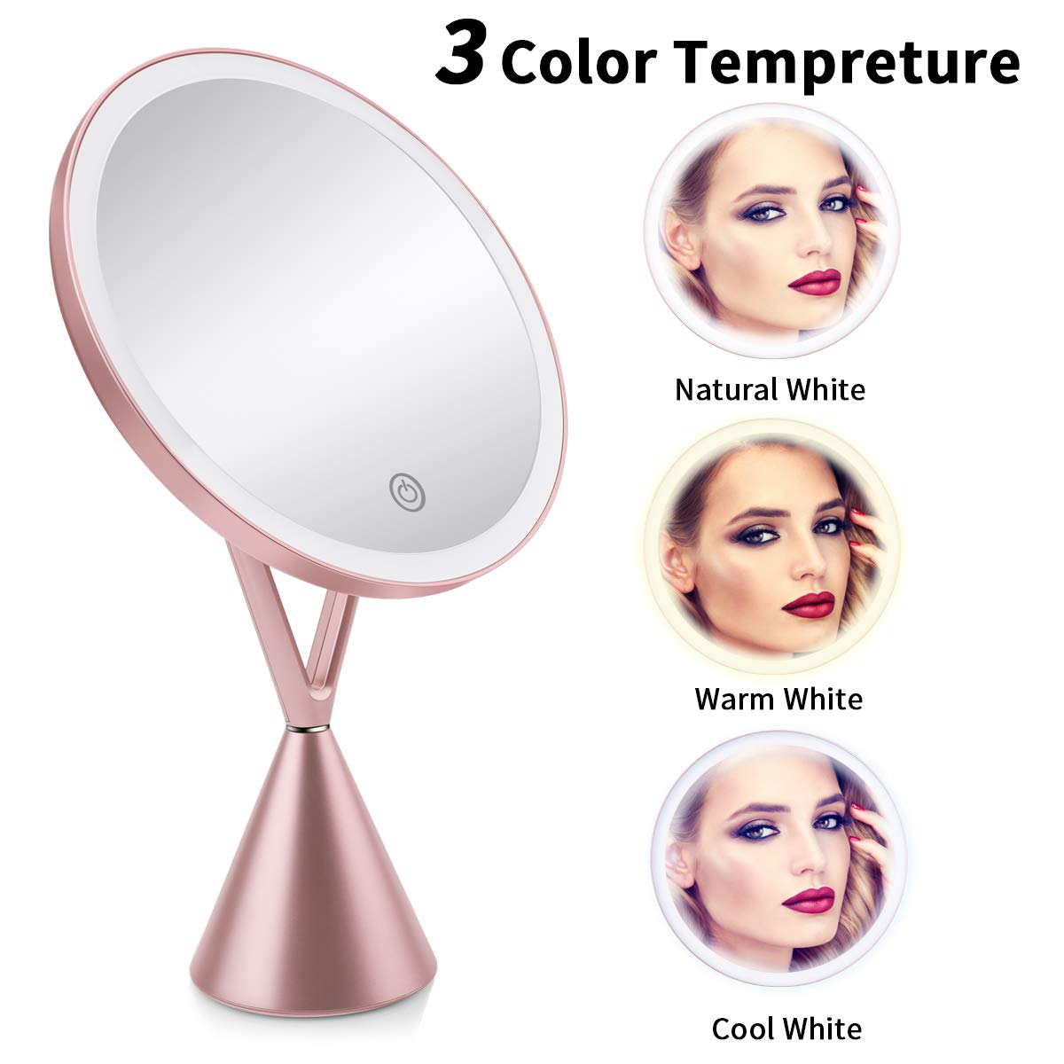 Lighted Makeup Mirror, Rechargeable 8.3 Inch Vanity 1X/5X Magnifying Mirror, 3 Color Modes Dimmable with Touch Screen (Rose Gold)