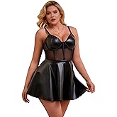 ohyeah Sexy PU Leather Mesh Babydoll Dress Lingerie Set for Women V Neck Slip Dress Underwire Nightgown Mini Boudoir Outfit