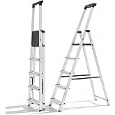 Sweetcrispy 5 Step Ladder, 330lbs Folding Step Stool with Anti-Slip Pedal | Safety Household Aluminum Stool Ladders with Tool Tray, for Home Kitchen Courtyard Outdoor