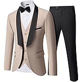 YND Men's 3 Piece Slim Fit Tuxedo Suit Set, One Button Shawl Lapel Solid Blazer, Jacket Vest Pants with Bow Tie