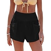 CUPSHE Women Coverup Shorts Smocked Waist High Rise Swimsuit Coverup Shorts with Side Pockets