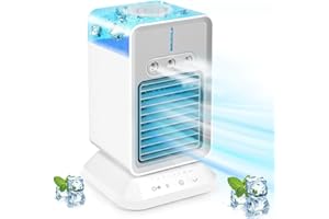 BUYOUNGER Portable Air Conditioner, 4 IN 1 Evaporative Air Cooler, Personal Mini Air Cooler with 3 Wind Speeds and 3 Cool Mist & 2-4H Timer, 90°Rotation Desktop Cooling Fan for for Home Room Camping Car Office