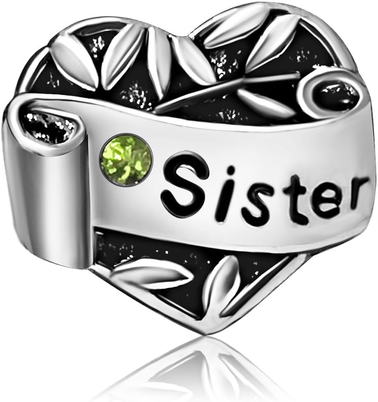 KunBead Engraved Sister Charms for Bangle Bracelet Heart Pendant Crystal Birthstone Birthday Gift for Women Girls