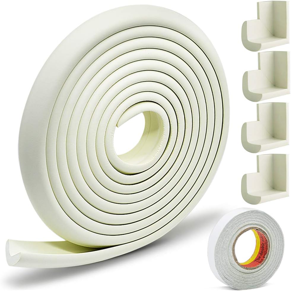 Edge & Corner Guards Set - Extra Long 20ft Coverage Incl 4 Pre-Taped Corners | Child Safety Baby Proofing | Table Sharp Edges Protector, Furniture Edge Corner Bumper Guard (White)