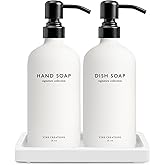 Vine Creations Glass Soap Dispenser Set, Kitchen Soap Dispenser Set with Ceramic Tray, 16 oz Dish Soap and Hand Soap Dispenser Set with Stainless Steel Pump Decor (White Bottle/Matte Black)