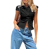 Mxiqqpltky Short Sleeve Button Down Shirts for Women Y2k Coquette V Neck Cropped Tee Vintage Slim Fit Going Out Tops