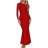 BORIFLORS Women's Sexy Ruched Bodycon Long Formal Dresses Mesh Long Sleeve Cocktail Party Maxi Dress