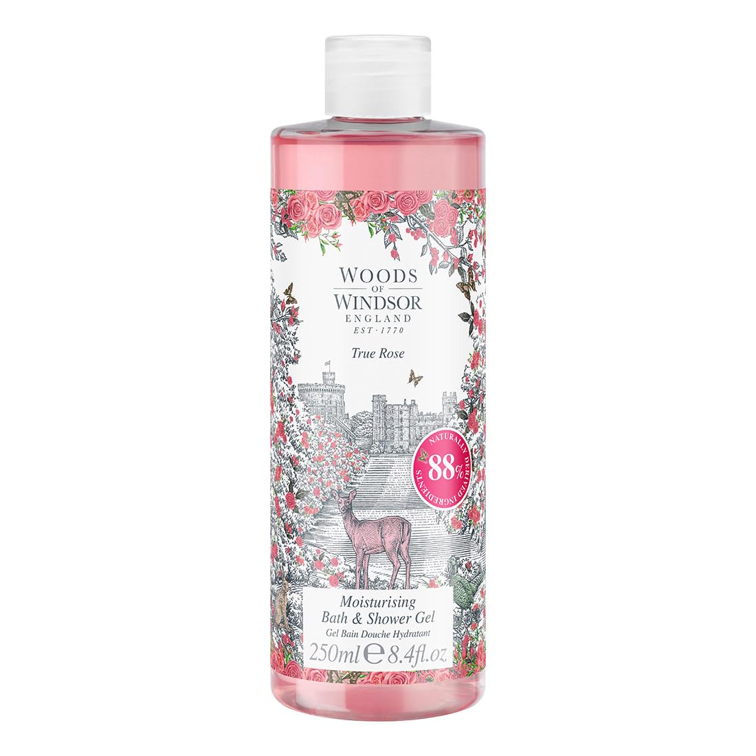 Woods of Windsor Rose Bath and Shower Gel, Womens Shower Gel with Floral White Jasmine and Ylang Ylang Notes, Moisturising Body Wash for Women with Vitamin E, True Rose Scent 250ml