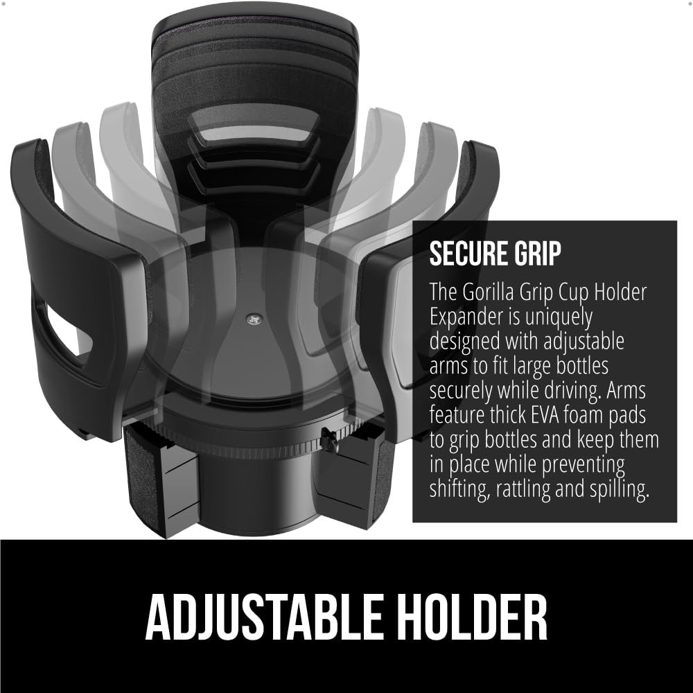 GORILLA GRIP Patent Pending Car Cup Holder Expander, Keeps Large Drink Cups Secure, Expands Fits Yeti, HydroFlask, Stanley 18 to 48oz Large Water Bottles, Coffee Mug, Adjustable Arms Insert, Black