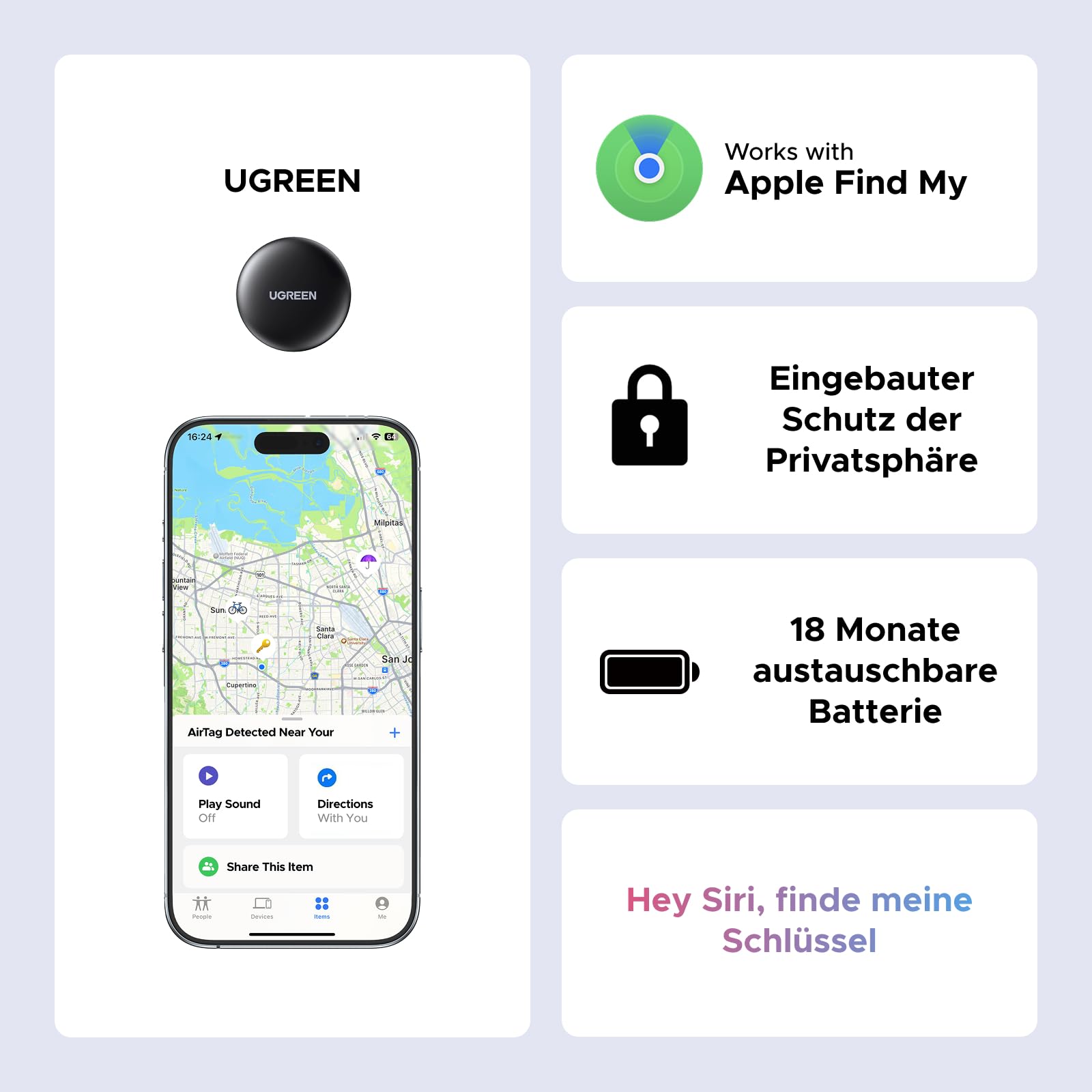 UGREEN FineTrack Mini kompatibel mit Apple Find My (nur iOS), 18 Monate Auswechselbare Batterie, Smarttag mit 80dB Piepton, Bluetooth Tracker für Rucksack, Schlüssel, Koffer, Reisepässe (1 Pack) 6