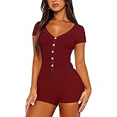 LEEDYA Women's Short Sleeve Rompers Summer V Neck Casual One Piece Shorts Jumpsuit Bodycon Pajama Set Onesie Sleepwear
