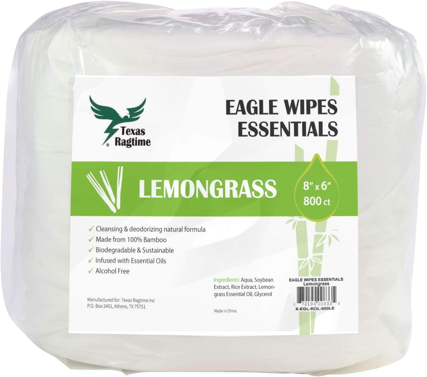 Eagle Wipes Essentials Lemongrass Natural Disinfecting Gym Wipes 800 ct 1 Roll Deodorizes & Cleans Gym & Fitness Equipment, Wipes for Yoga Mats, Dance Studios, Pilates Sanitizing Refill Wipes