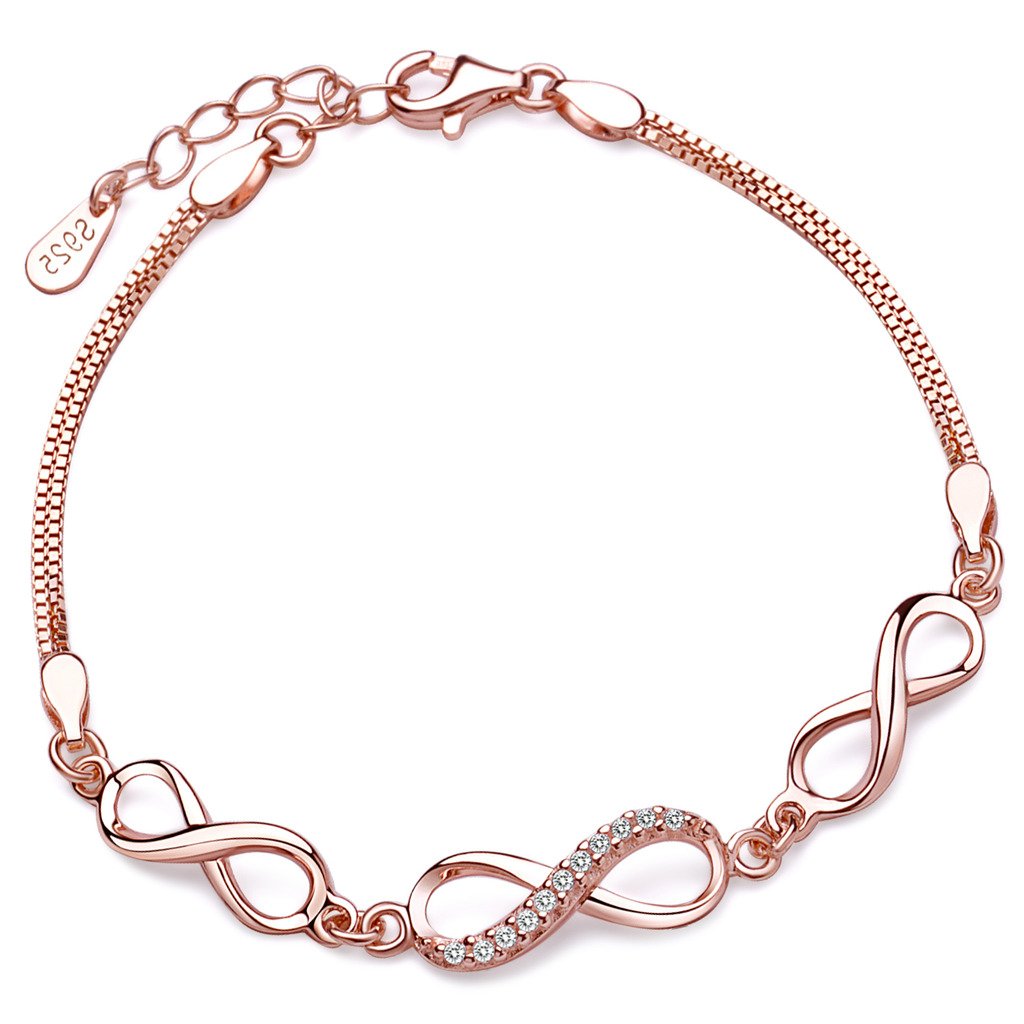 Yumilok 925 Sterling Silver Cubic Zirconia Rose Gold Plated Women Charm Bracelet 3 Infinity Symbols Link Bracelet Hand Chain with Extension