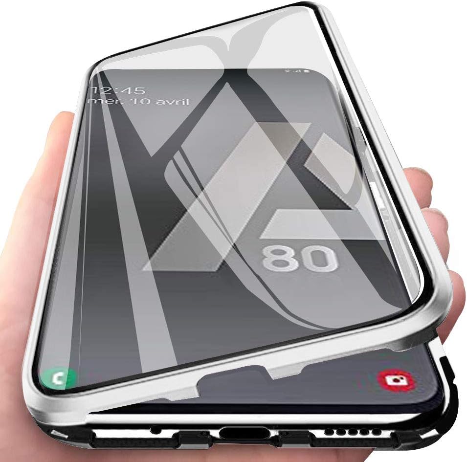 Solaxi Samsung Galaxy A80 Magnetic Case, Ultra Thin Clear Tempered Glass Front and Back Full Screen 360° Protection Bumper Metal Frame One-Piece Design Flip Cover - Clear White