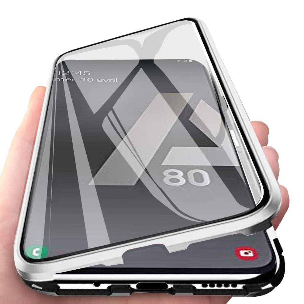 Solaxi Samsung Galaxy A80 Magnetic Case, Ultra Thin Clear Tempered Glass Front and Back Full Screen 360° Protection Bumper Metal Frame One-Piece Design Flip Cover - Clear White