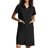 SIORO Zipper Robes for Women Short Sleeve Bathrobes Lightweight House Coat Waffle Knit Knee Length Loungewear with Pockets