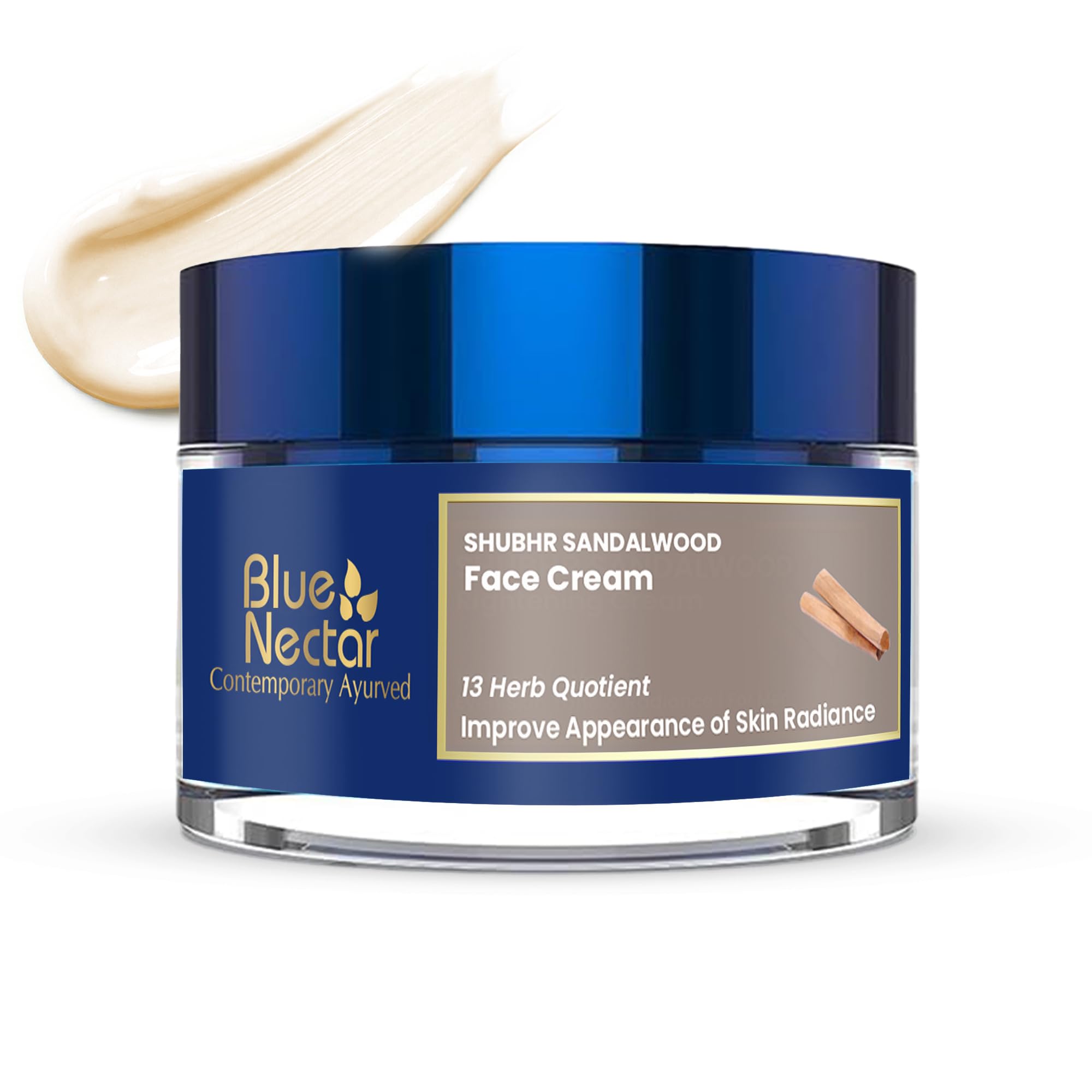 Blue Nectar Ayurvedic Brightening and Hydrating Face Cream | Daily Face Moisturiser with Sandalwood, Turmeric, Almond Oil (13 herbs, 50g)