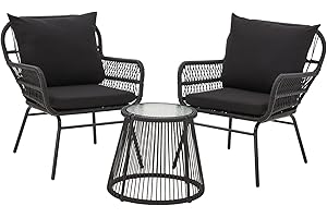 EROMMY 3-Piece Patio Conversation Bistro Set, Outdoor All-Weather Wicker Balcony Furniture with Tempered Glass Top Table & 2 Wide Ergonomic Armchairs, Seat Cushions for Porch Backyard, Black