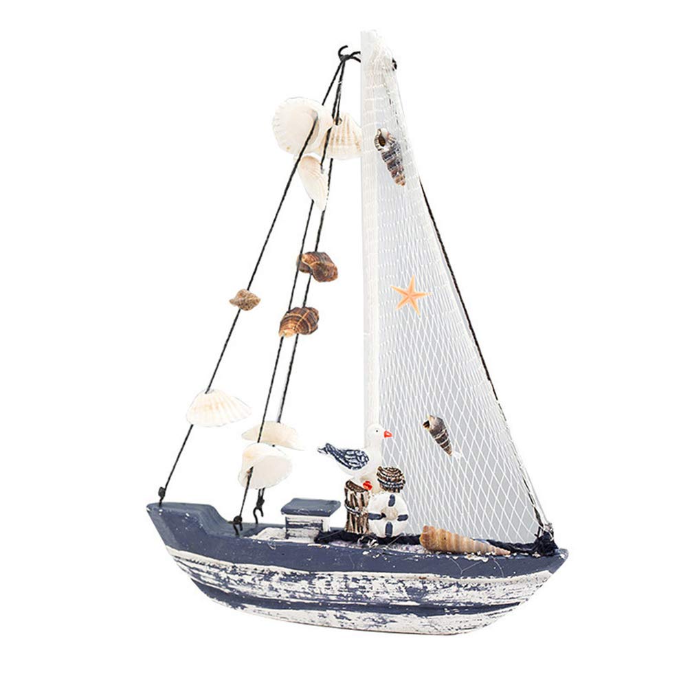 Sailboat Decoration Wooden Sailing Boat Model with Seagull Seashell Nautical Tabletop Ornament for Home Decoration Size S