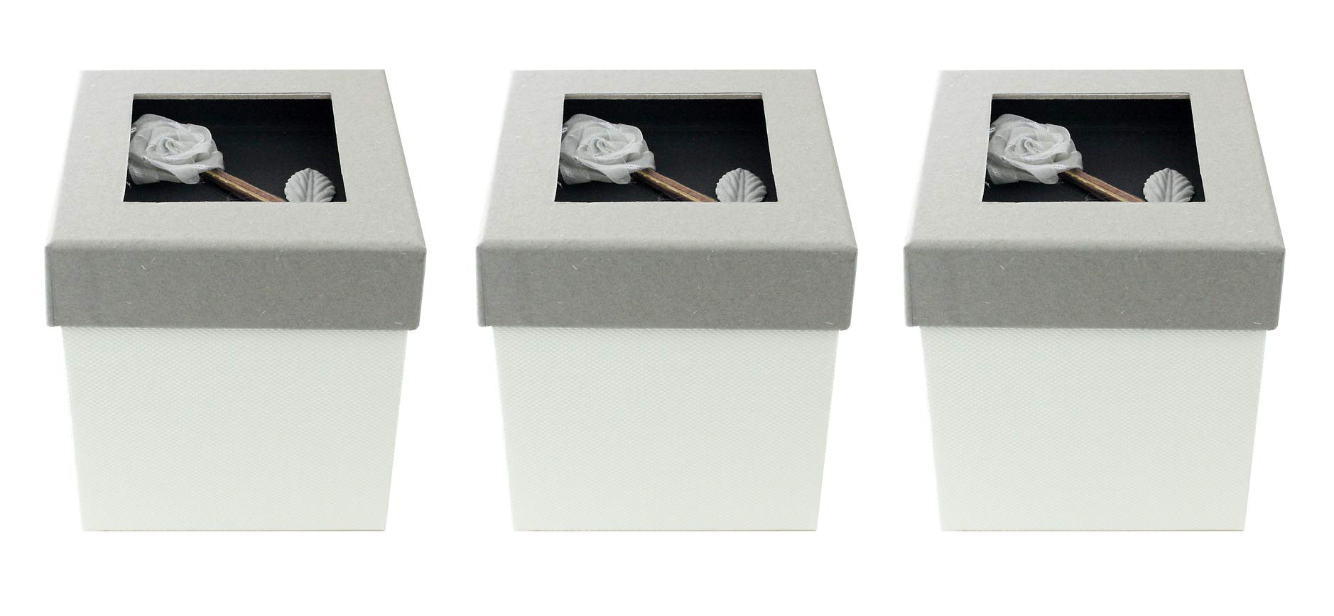 Emartbuy Set of 3 Rigid Luxury Square Shaped Presentation Gift Box, 11.5 x 11.5 x 9.5 cm, Cream Box with Grey Lid, Chocolate Brown Interior and With Rose Flower Decoration