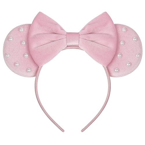 WOVOWOVO Mouse Ears Headbands for Women Pink Bow Pearl Mouse Ear Headband Velvet Hairbands Christmas Birthdays Party Hair Accessories