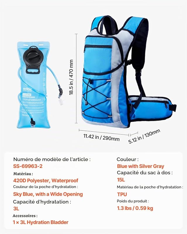 Sac à dos d'hydratation 15 L, sac à dos d'eau isolé avec poche à eau en TPU 3 L, sac à dos de randonnée avec rangement pour homme et femme, pour randonnée, course à pied, cyclisme, camping, bleu
