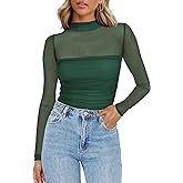 Zeagoo Womens Mesh Sheer Long Sleeve Top Mock Turtle Neck See Though Shirts Ruched Sexy Casual Going Out Blouses