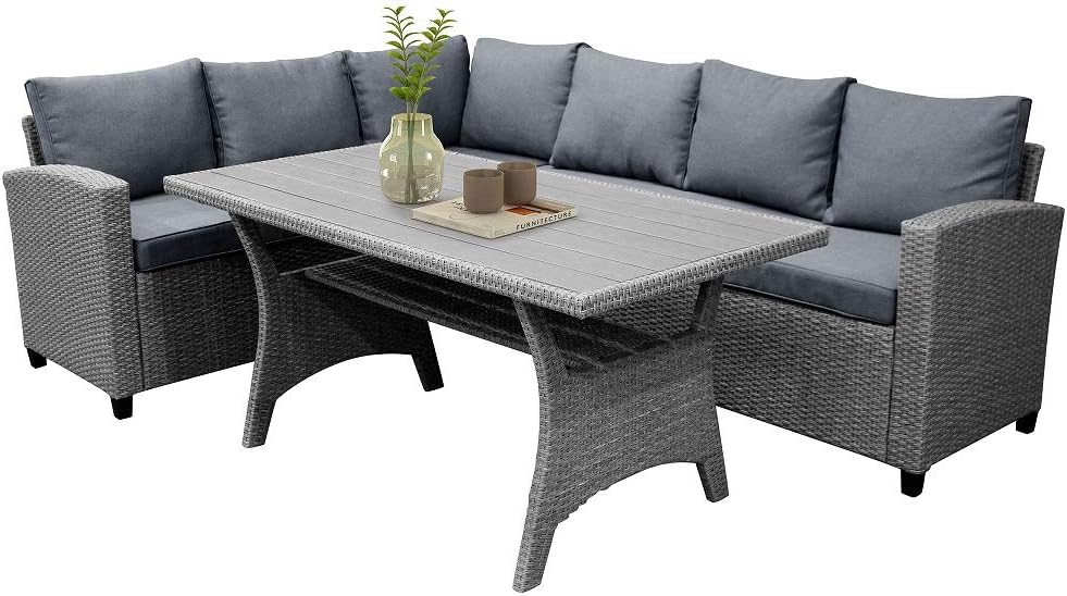 HCTT SHOW Patio Dining Table Set Outdoor Furniture PE Rattan Wicker Conversation Set All-Weather Sectional Sofa Set with Table & Soft Cushions (Brown（Gray) for Living Room,Outdoor Platform (Gray): Garden & Outdoor