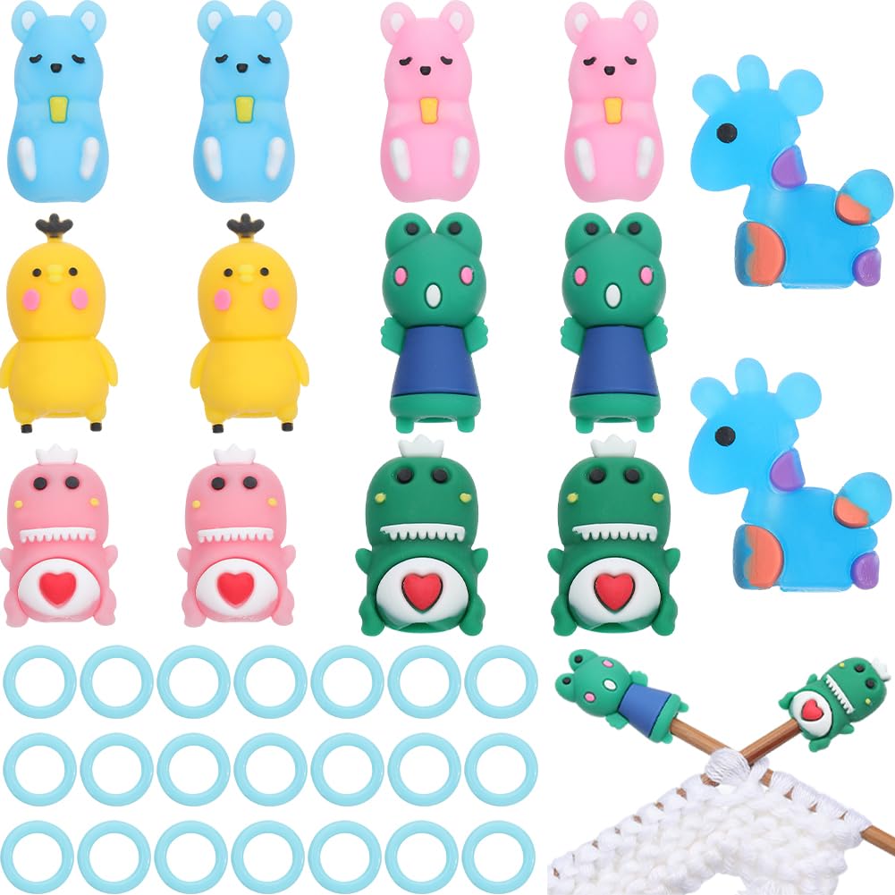 SUNNYCLUE 74Pcs Knitting Tool Kit Knitting Needle Stopper Cartoon Animals Needle Minder Knitting Needle Point Protectors Knitting Stitch Marker Rings Stitch Stoppers for Knitting Crochet Accessories