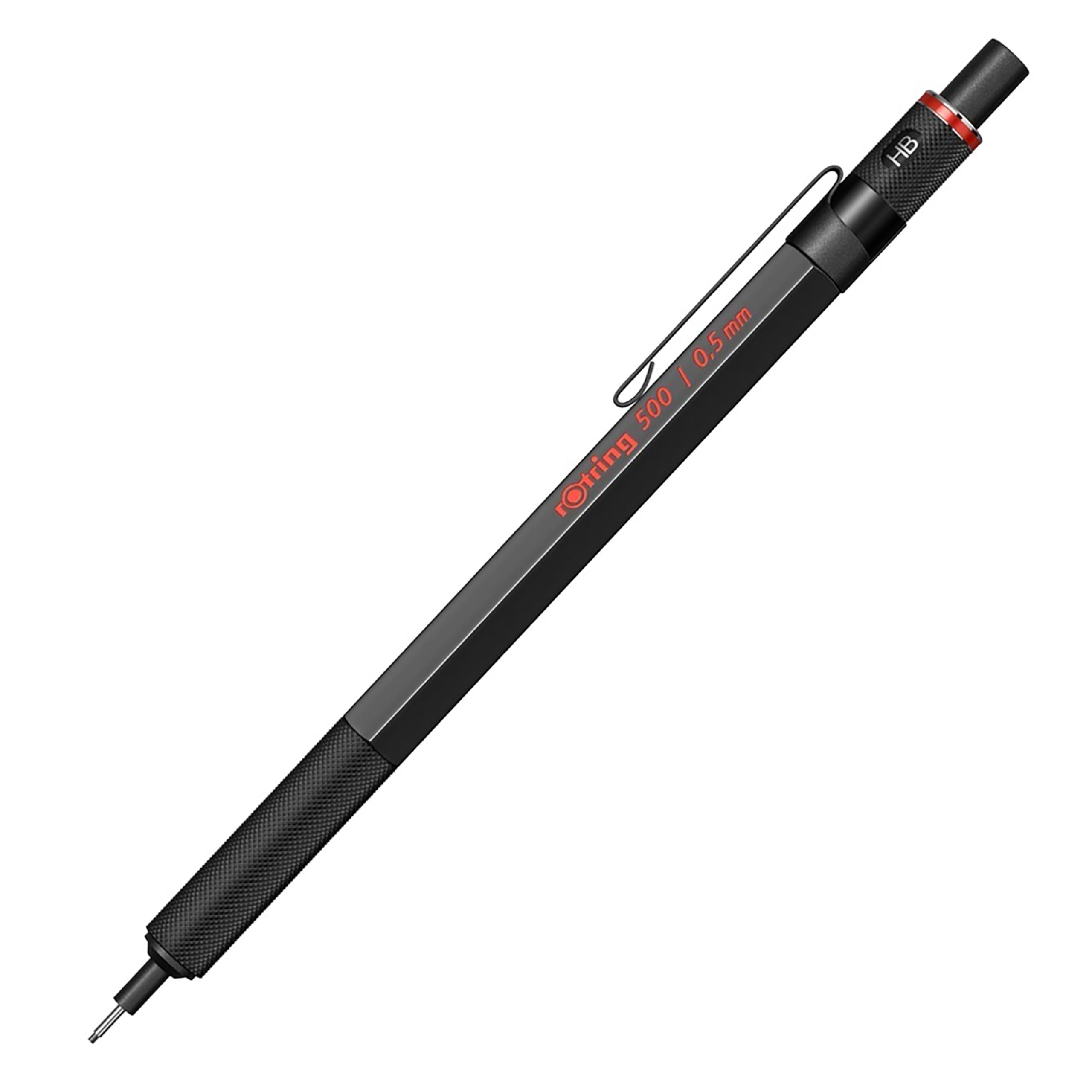 rOtring 500 Mechanical Pencil | 0.5 mm HB Lead | Black hexagonal plastic barrel and non-slip textured metal grip