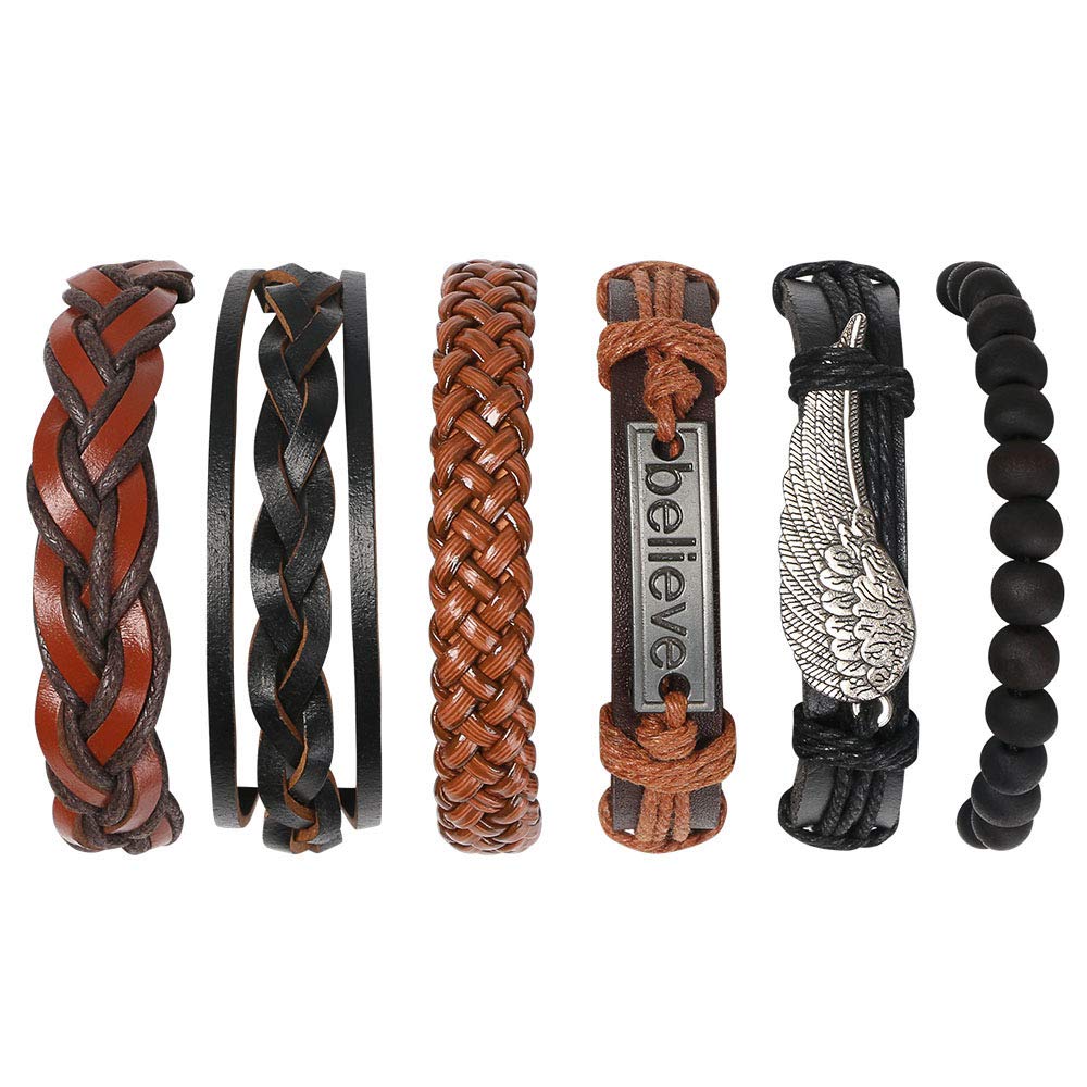 flintronic Leather Bracelet, 6Pcs Adjustable Fashion Punk Braided Men & Women Rope Bracelet Cuff Vintage Bracelets Wrap Set Series