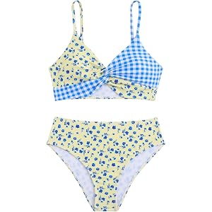 SOLY HUX Girl's Floral Plaid Bikini Set Twist Front Bathing Suit Cute Summer Beach Vacation Two Piece Swimsuit
