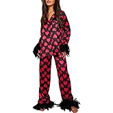 Yiulangde Women's Satin Silk Pajamas Sexy Feather Trim Long Sleeve Button Up Pjs Shirt Sleep Pajama Pants 2 Piece Lounge Sets