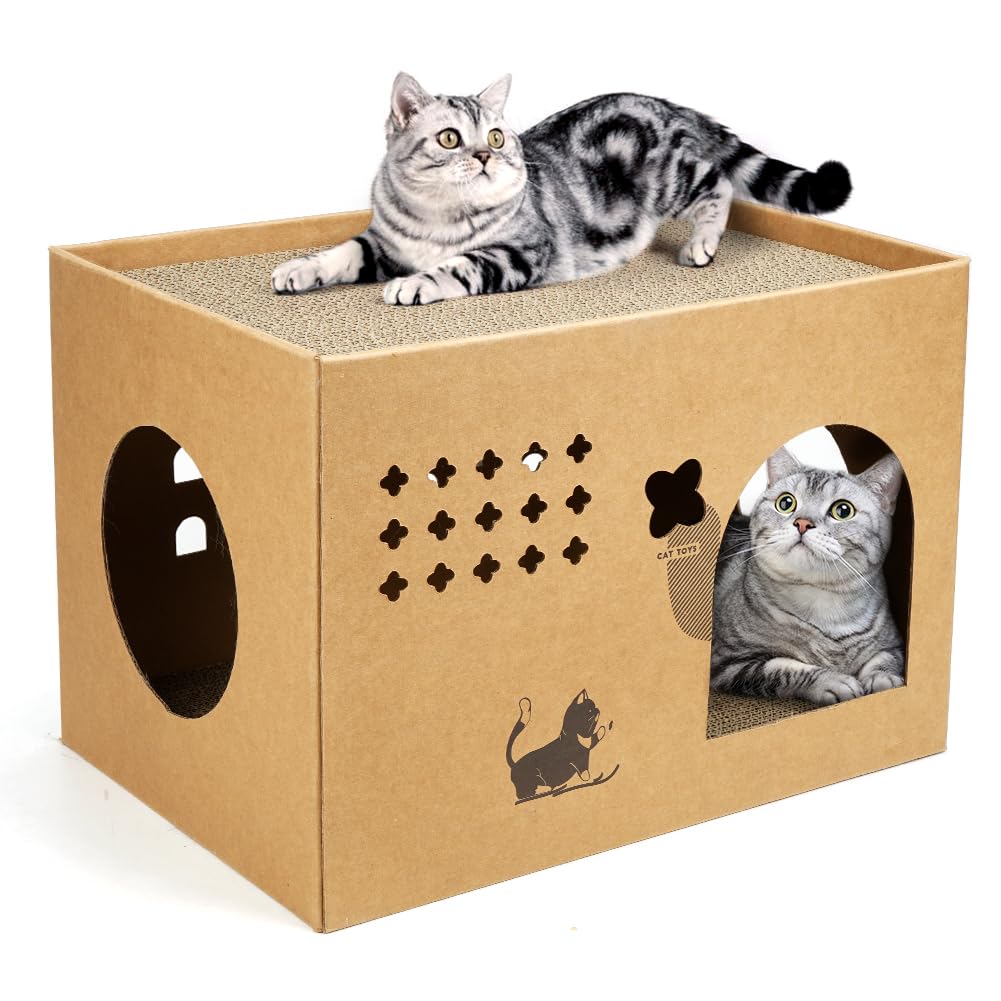 Cat Cardboard House with 2 PCS Scratching Pads, Large Scratcher Bed Corrugated Board Detachable Scratcher Box for Cats.(Cactus)