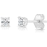 14k White Gold Princess-Cut Square Cubic Zirconia Stud Earrings with Butterfly Pushbacks