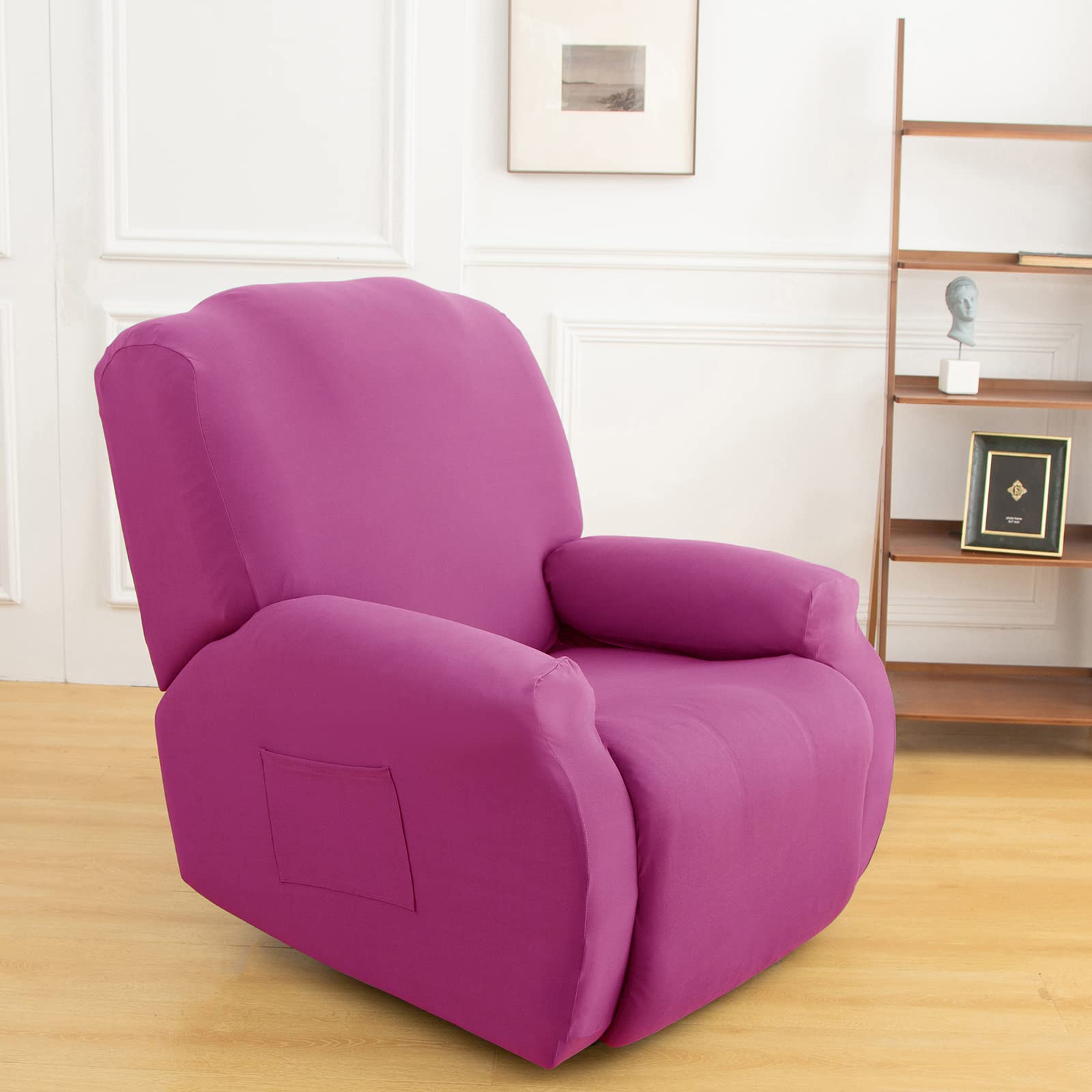 Stretch Recliner Chair Cover,4-Pieces Sofa Cover Slipcover Couch Covers,Armchair Cover Non-Slip Furniture Protector,Elastic Spandex Soft Recliner Chair Protector with Side Pocket(1 Seater Hot Pink)