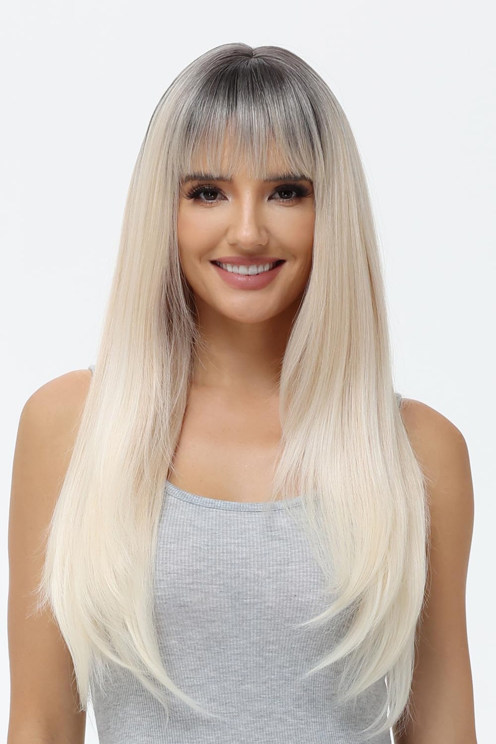 BUYOGET Long Wigs for Women with Fringe Adjustable Straight Synthetic Hair Wig Cosplay Daily Use Wigs 24 inch Ombre Blonde