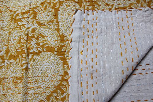 Mango Gifts Kantha Work Bedspread Queen Size Block Print 100%Cotton Gudari