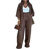 Voghtic 2 Piece Outfits For Women Lounge Sets 3/4 Sleeve Button Down Shirts And Wide Leg Pants Sets
