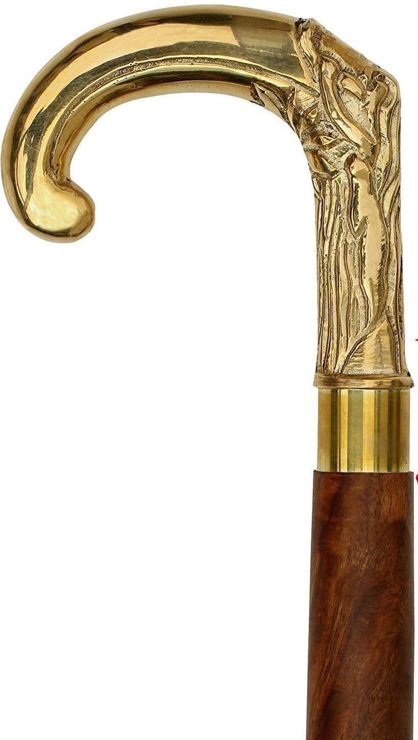 Nautical Vintage Antique Style Gold Brass Handle Wood Walking Stick