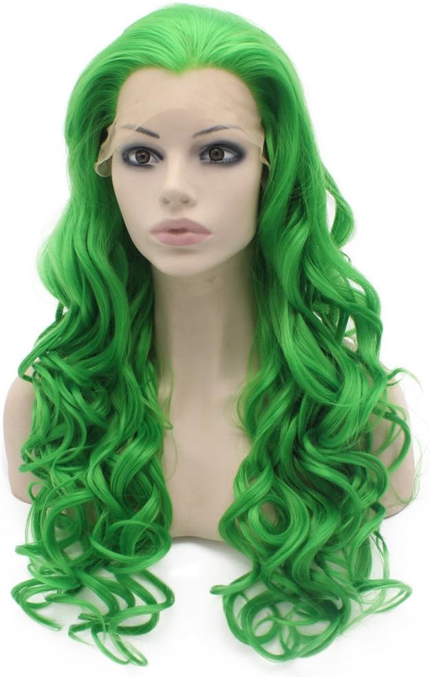 Long Wavy Hand Tied Synthetic Lace Front Green Cosplay Party Wig - Image 4