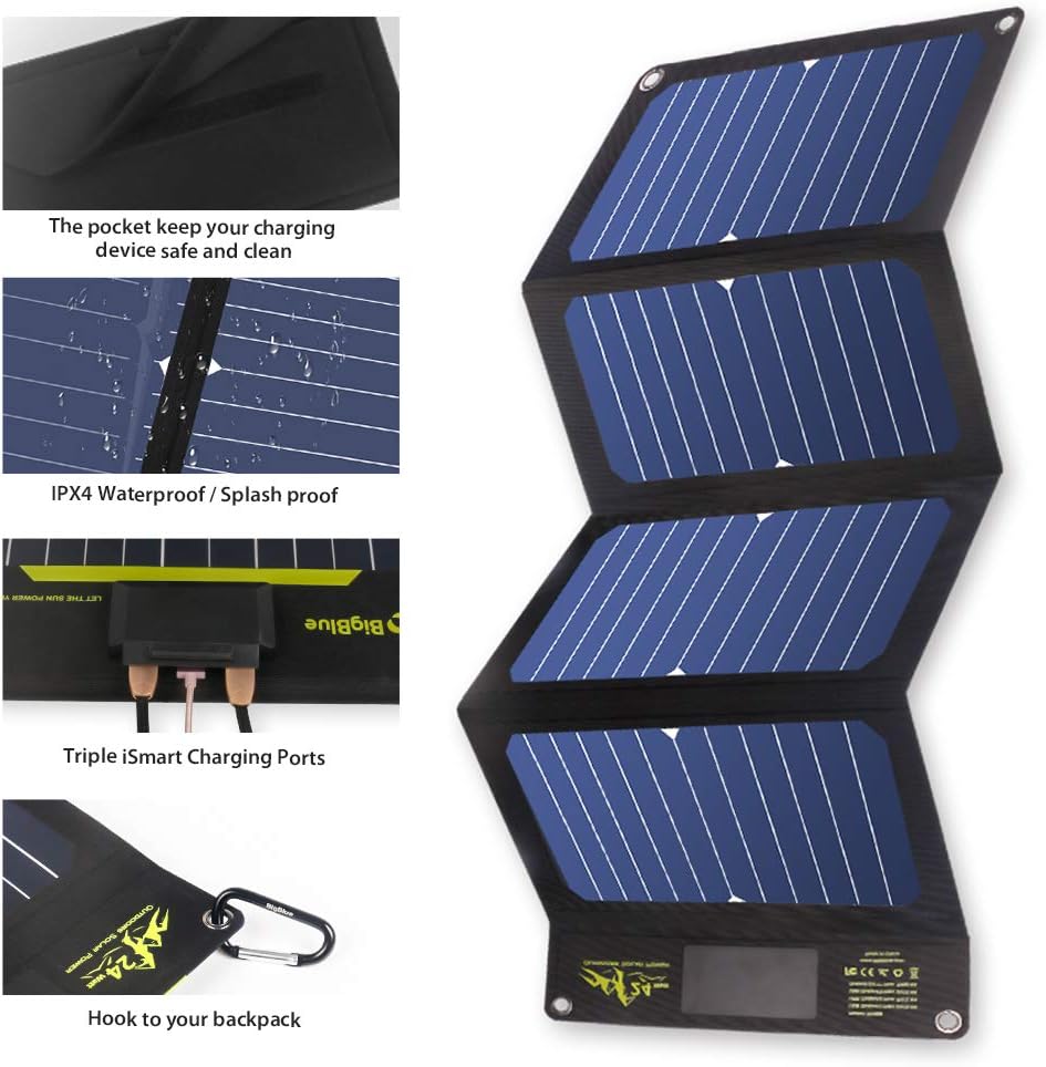 Slim Solar Phone Charger BigBlue 24W Portable Solar Charger with 3 USB Ports(5V/4A Max Total) for Camping, Foldable SunPower Solar Panel for iPhone 11/Xs/X/8/7, iPad, Samsung Galaxy, Google Pixel etc.: Home Audio & Theater