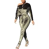 LKOUS Women Velvet Off Shoulder Jumpsuit Long Sleeve Bodycon Pants Suit One Piece Romper Party Clubwear with Belt